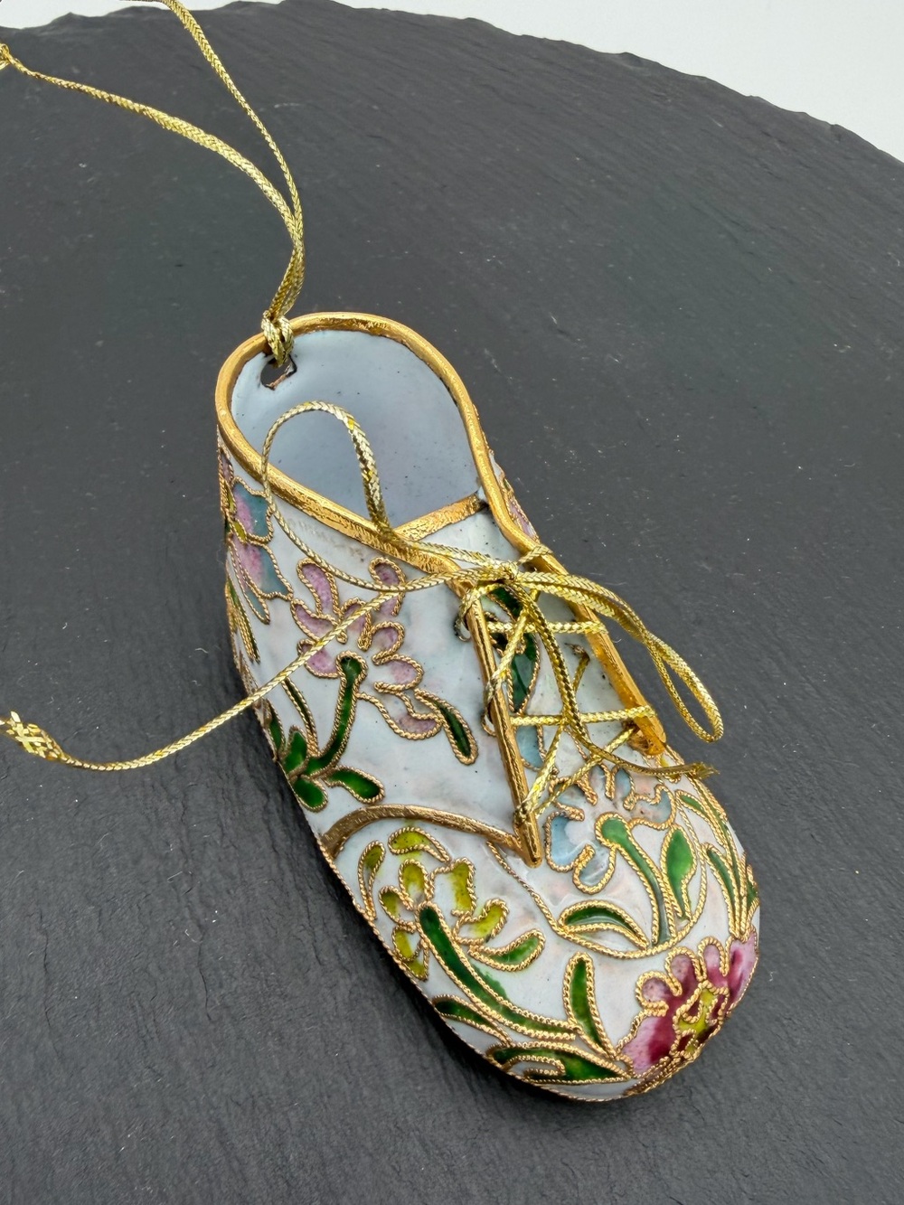 Vintage Chinese Cloisonné Enamel Baby Shoe Slipper Ornament Floral Gold Tone